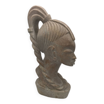 Statue sculpture head of an african woman in beige stone signed