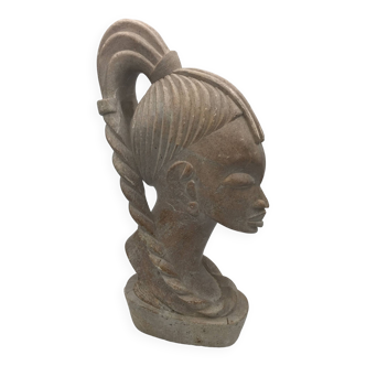 Statue sculpture head of an African woman in beige stone signed