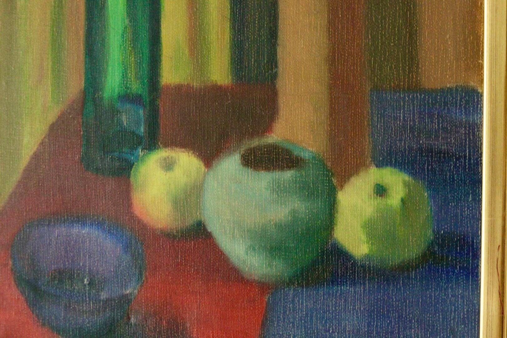 Oil on Swedish canvas "Still Life 'Bottles and Apples', Hugo Olson"