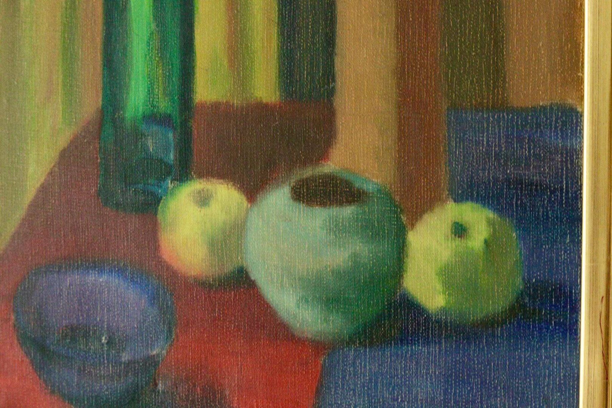Oil on Swedish canvas "Still Life 'Bottles and Apples', Hugo Olson"