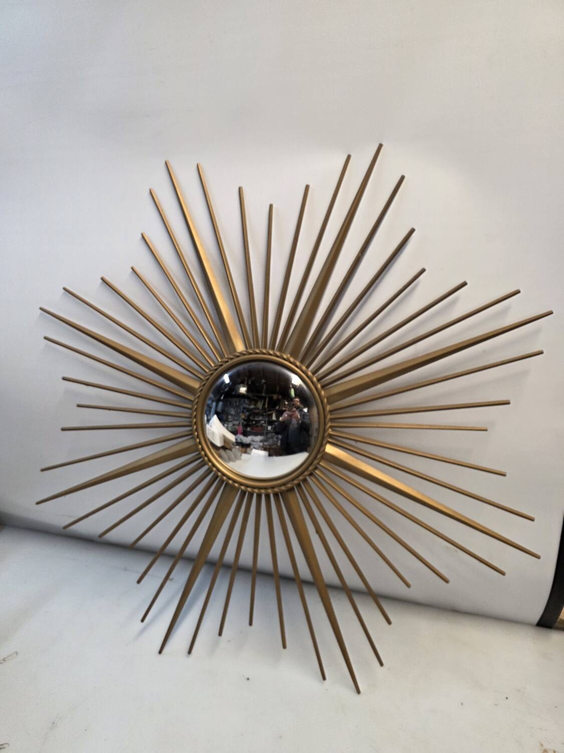 Golden metal witch's eye sun mirror from the 70s, 86cm.