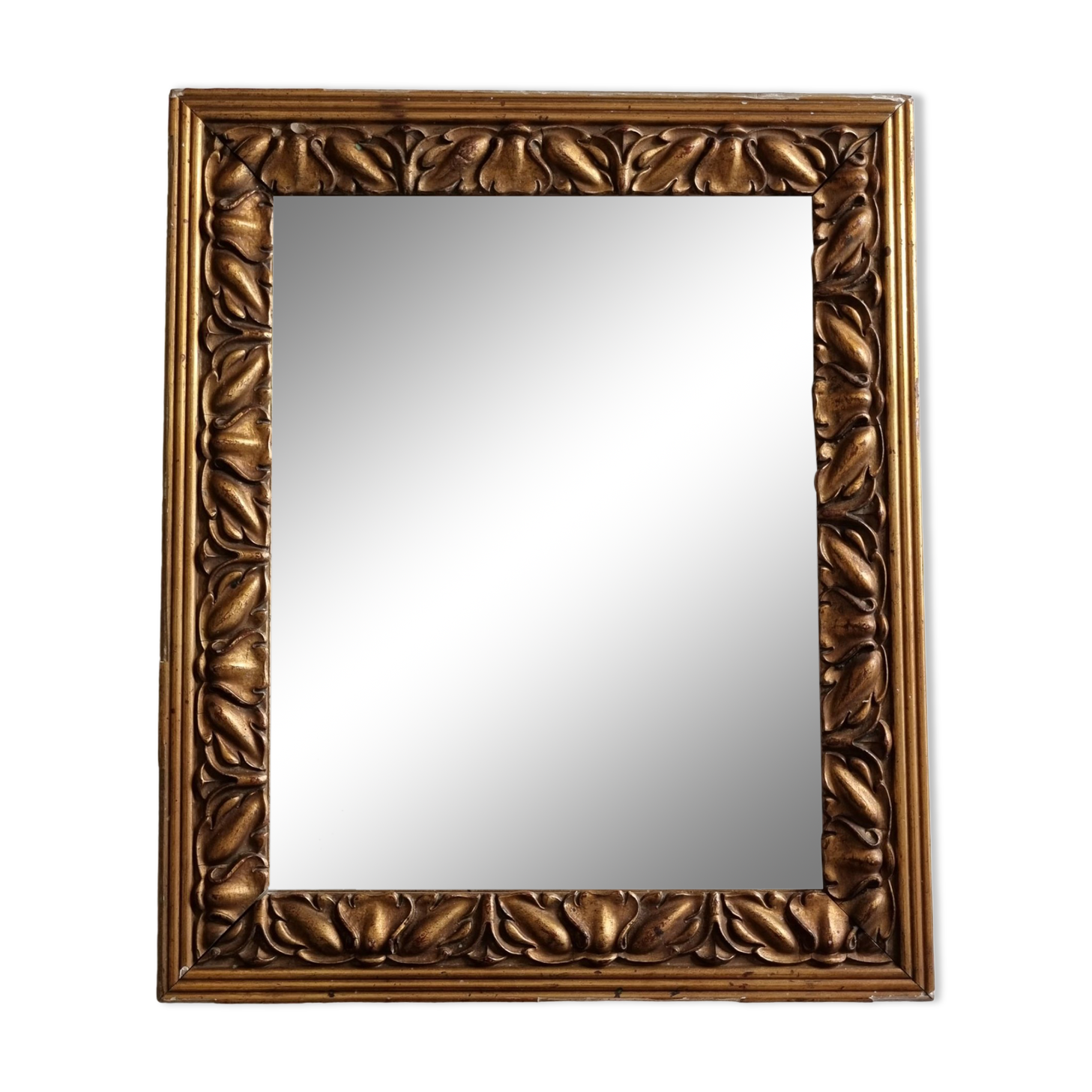 Patinated golden rectangular mirror, decorated with acanthus leaves, 49 cm
