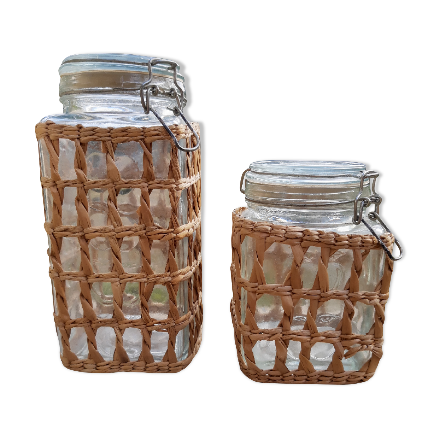 Pair of glass jars and rush