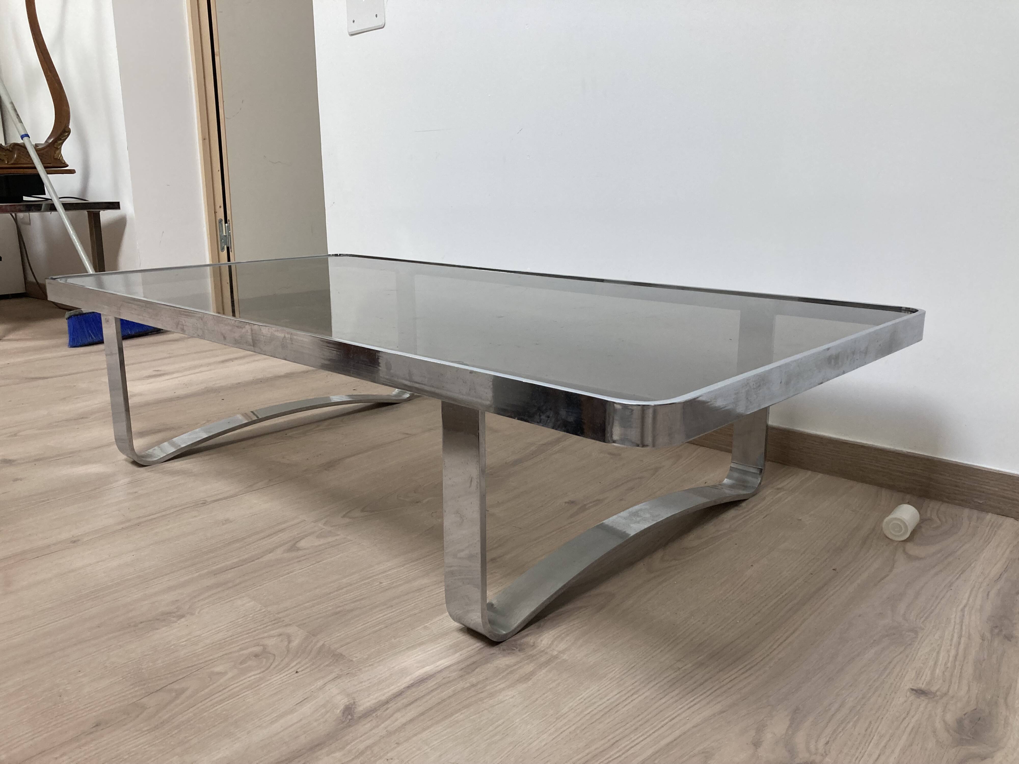 Coffee table design bronze chrome thick smoked glass circa 1970