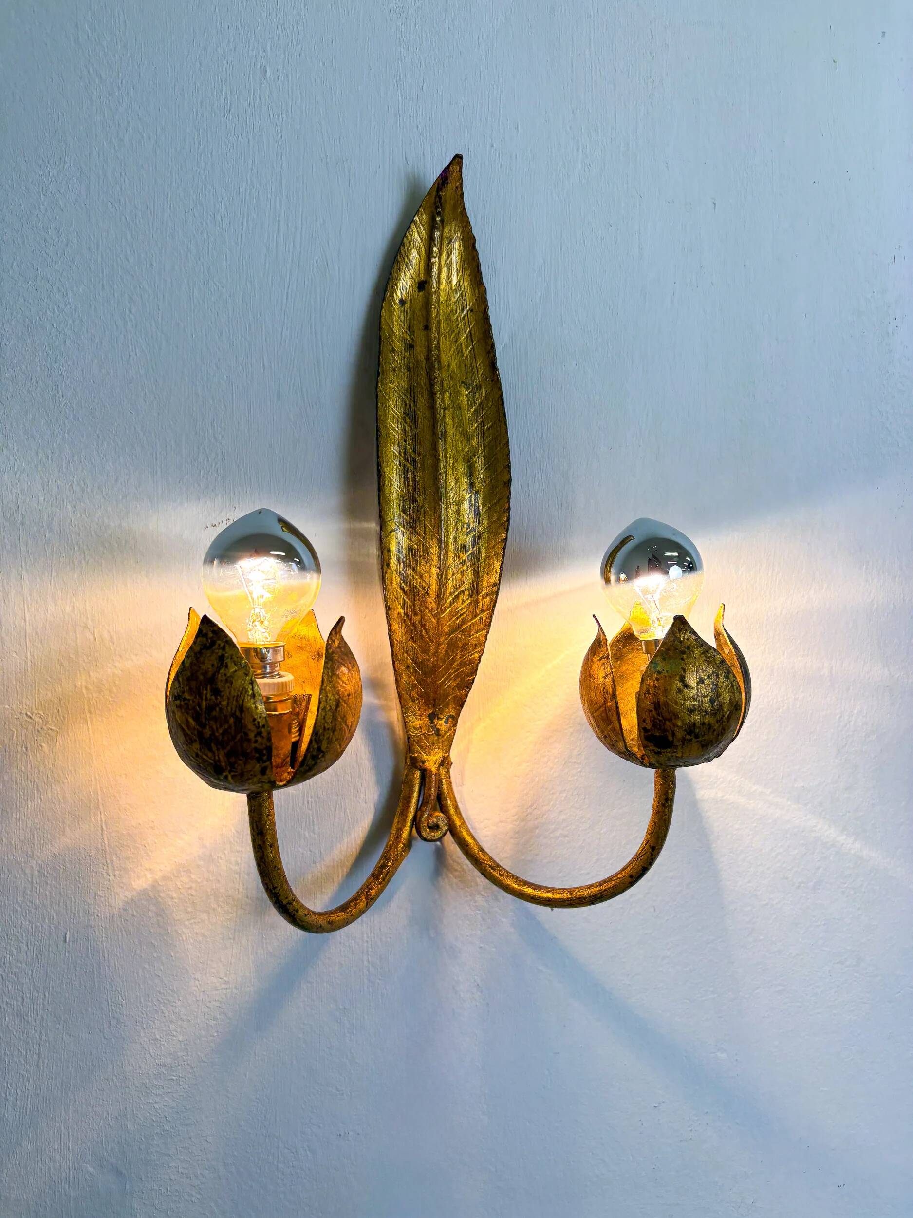 Pair of Spanish foliage wall sconces, leaf arms & bud shades, gilt iron, 1960s
