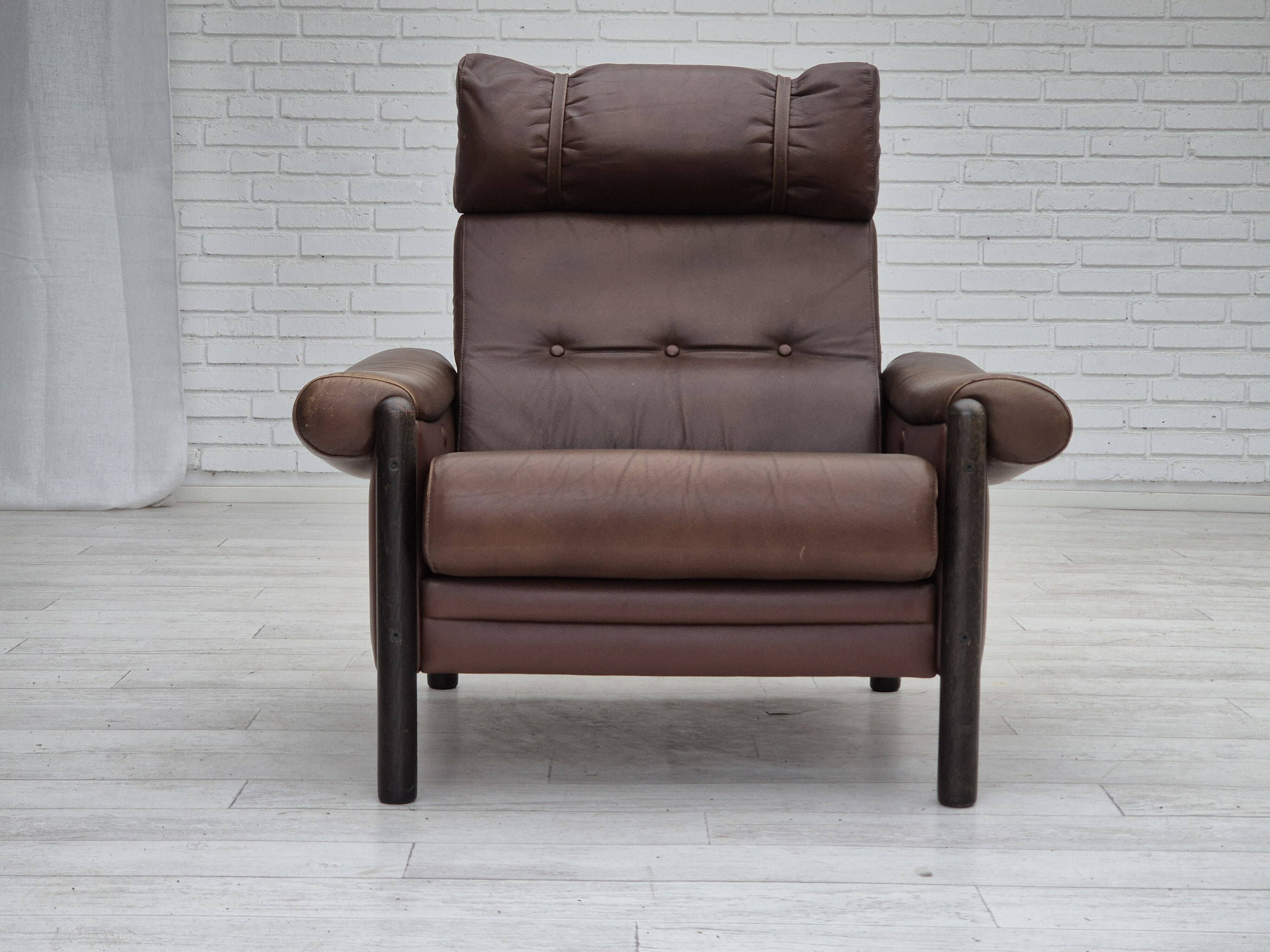 1970s, Danish armchair, original condition, furniture leather, dark oak wood.