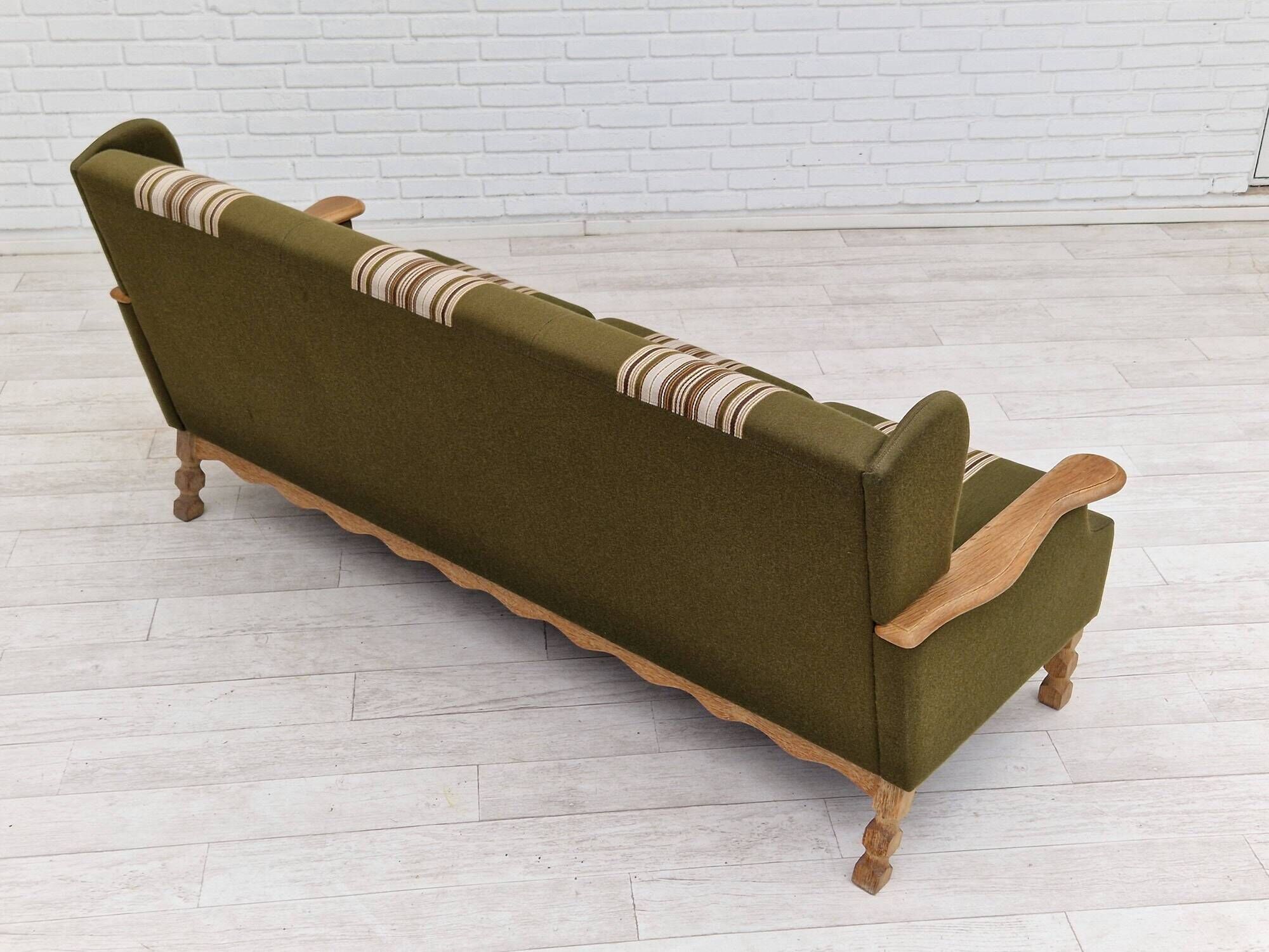 1970s, Danish vintage 3 seater, green fabric, oak wood, original condition.