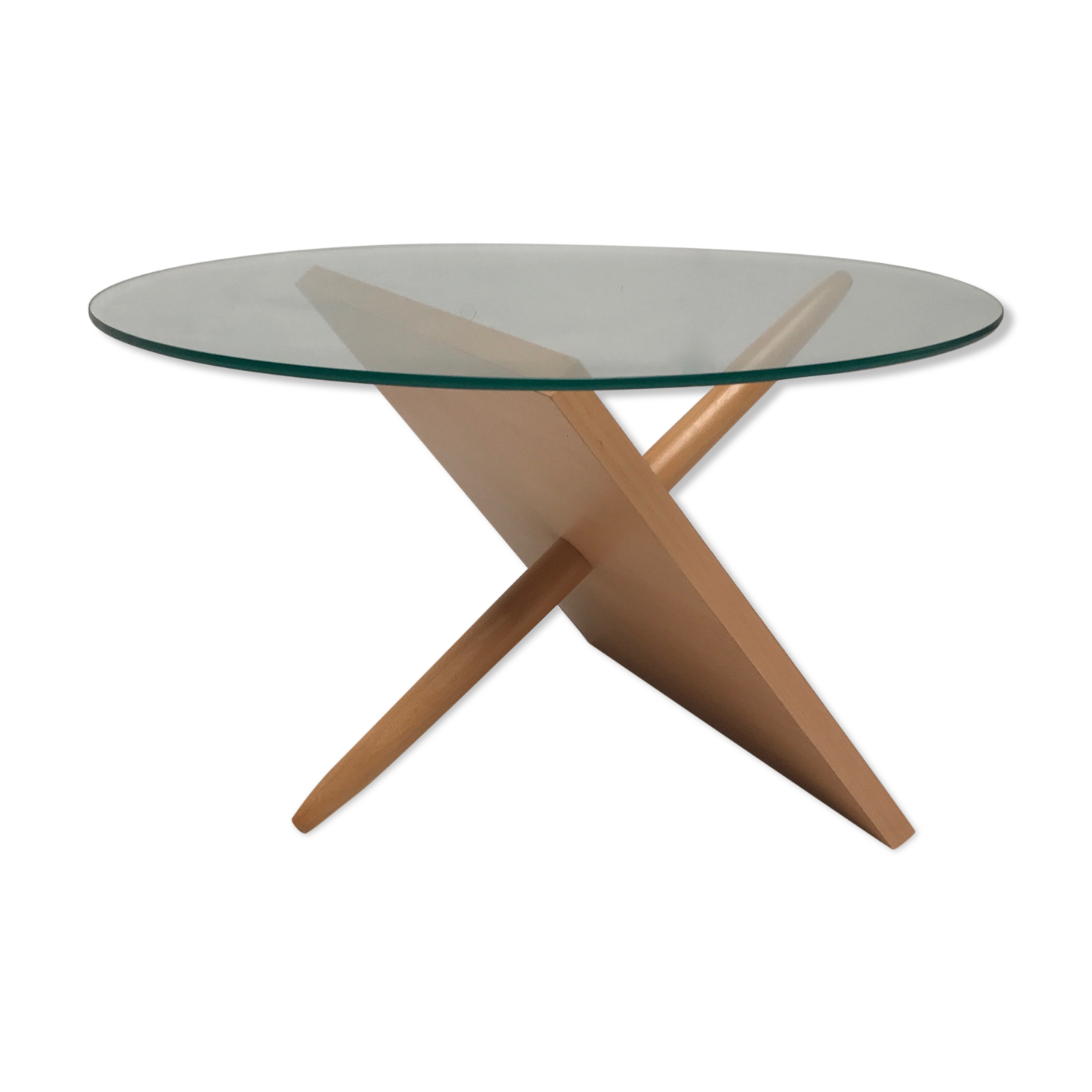 Table basse ronde en verre et bois Pays-Bas des années 1990