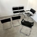 Set of 6 design chairs Matteo Grassi tubular metal and black leather year 70/80 Bauhaus style
