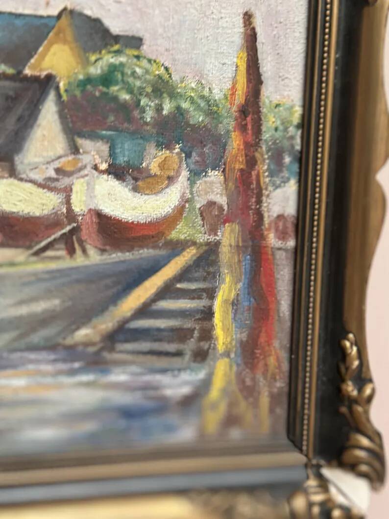 Original Swedish Oil on Panel – “Village and Harbour” by G. Fogler – Signed – Vintage & Framed – 49 × 39 cm (19.2" × 15.3")
