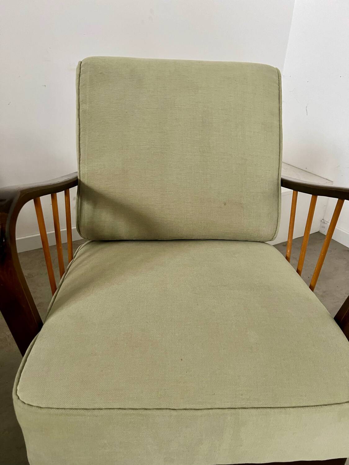 Set 2 old designer fireside chairs from the 50s wood and vintage fabric