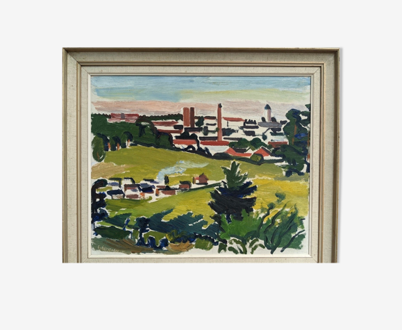 « The Mill » Peinture à l’huile de paysage vert suédois, encadré