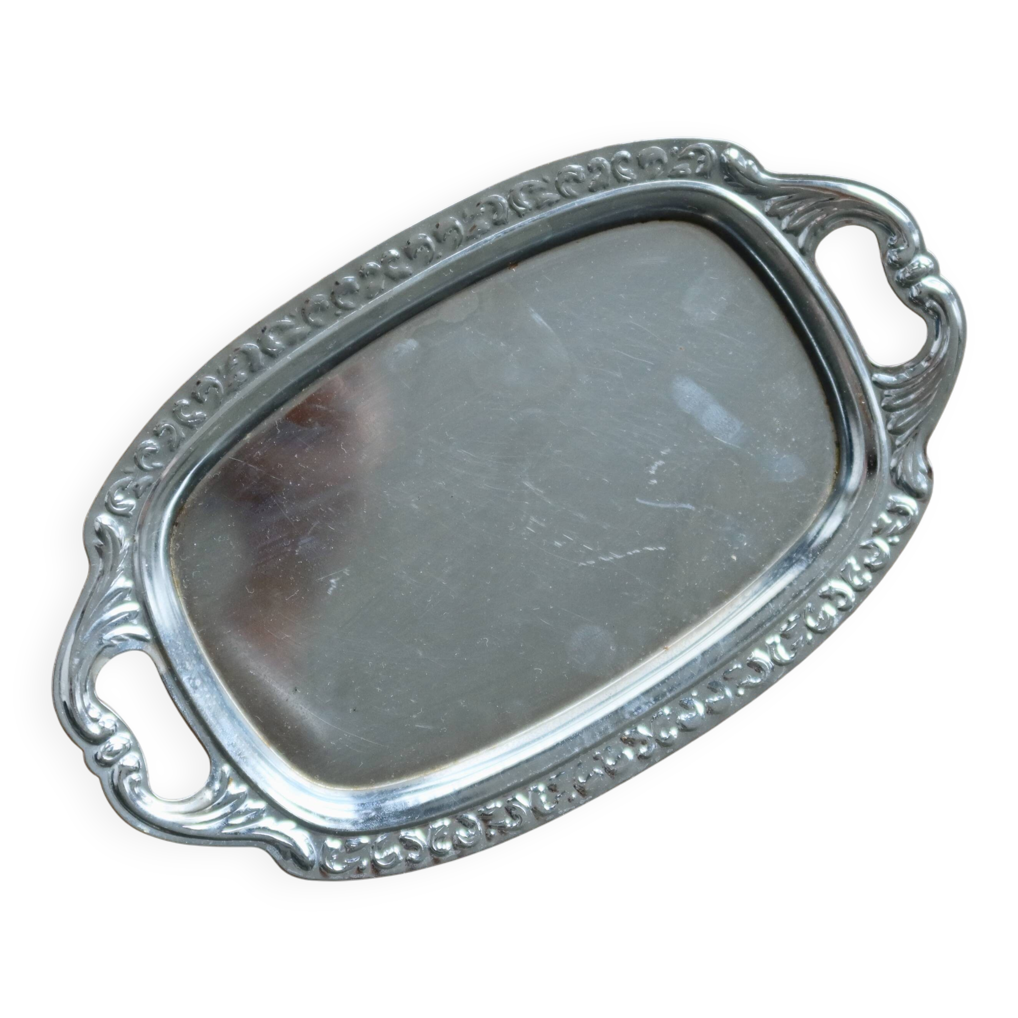 Mini vintage silver metal tray with floral border