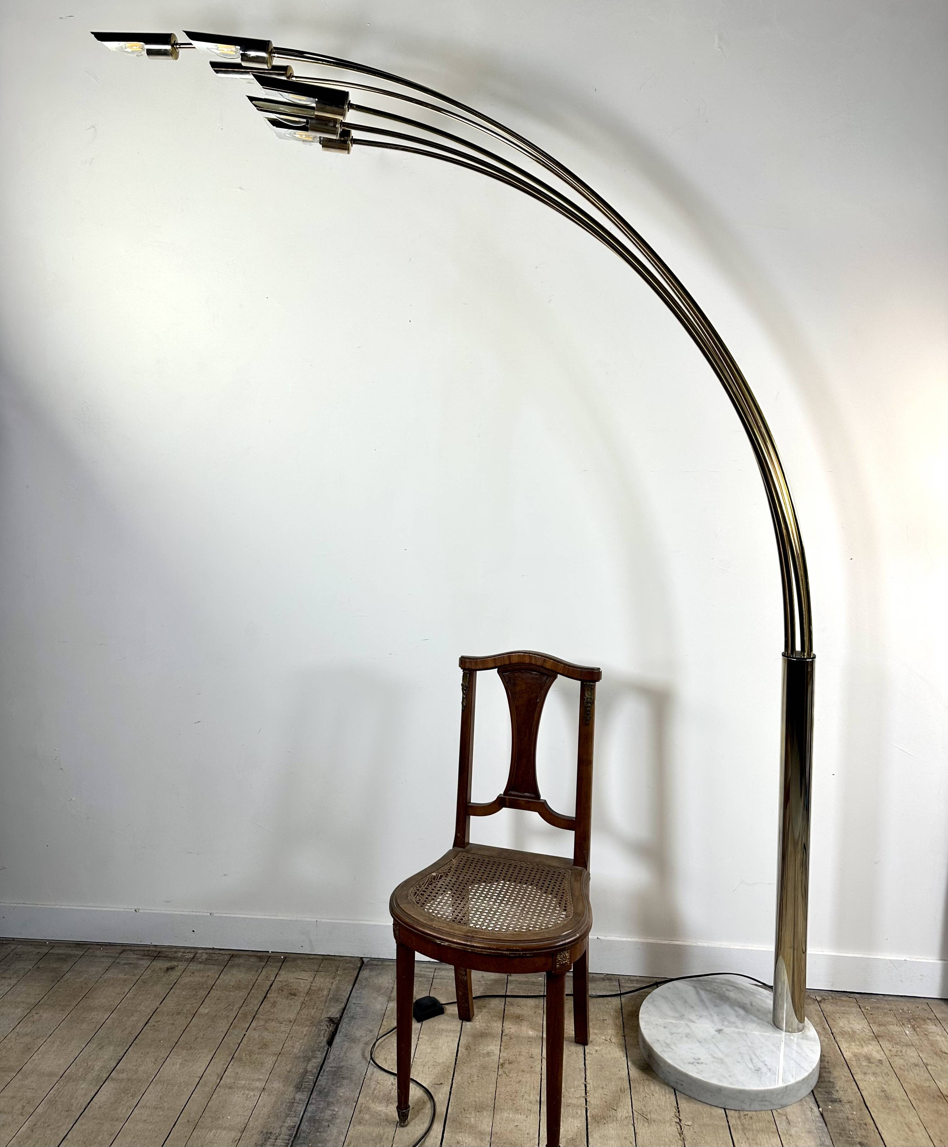 Italian Arc floor lamp with 6 lights in gold brass, 1970s.