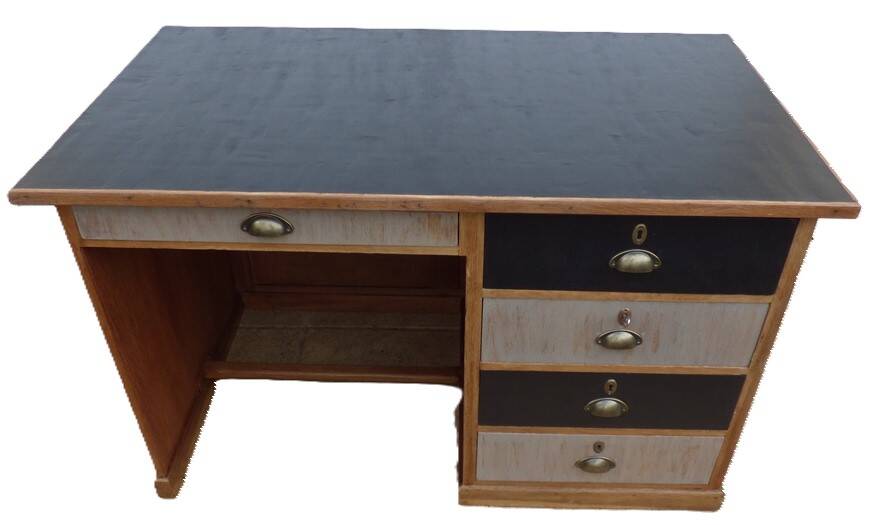 Large wooden desk with 5 drawers and a black faux leather top - Completely revamped.