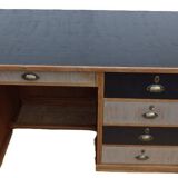 Grand bureau en bois à 5 tiroirs dessus simili cuir noir -Totalement relooké