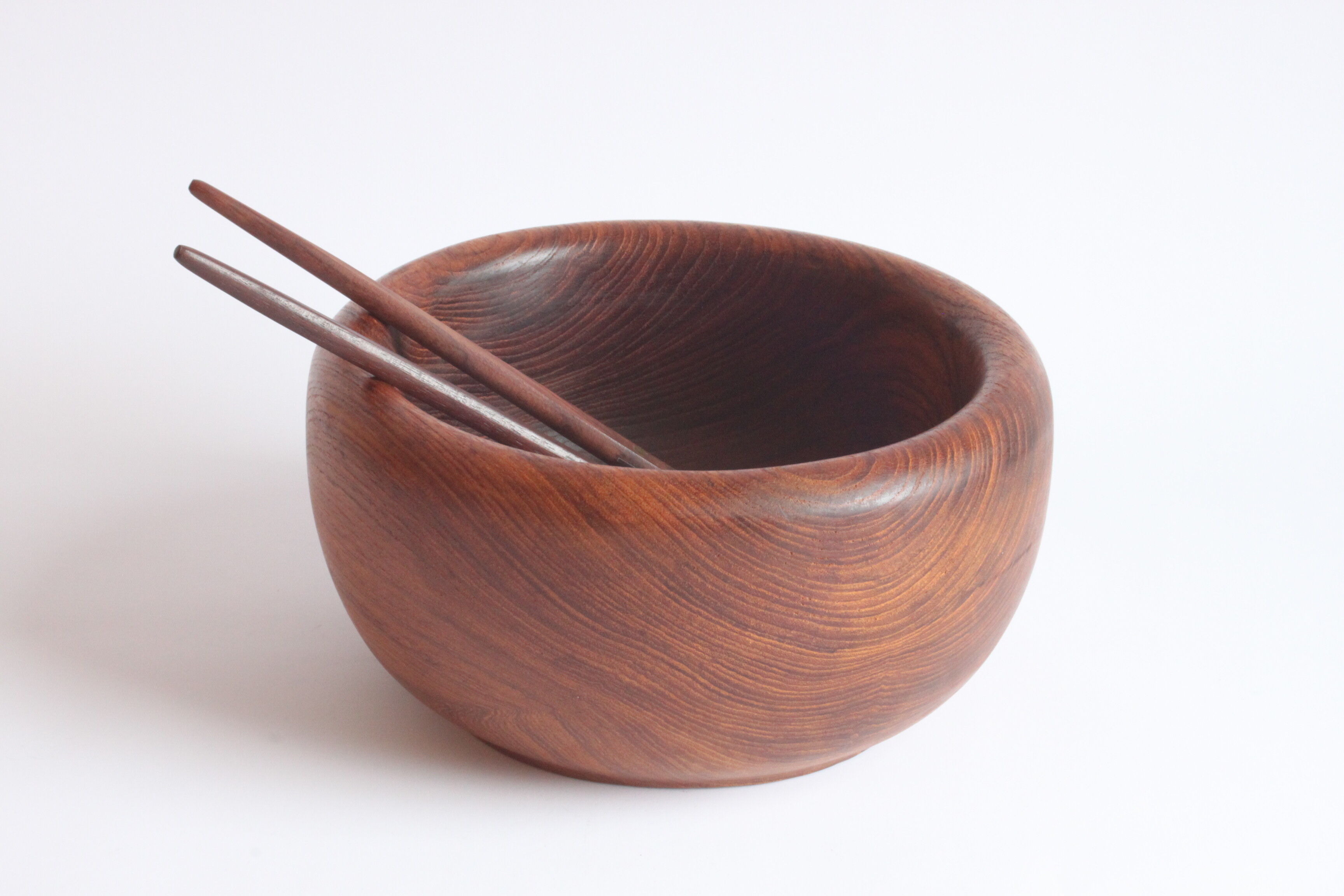 Solid teak wooden bowl and salad spoons, 1960