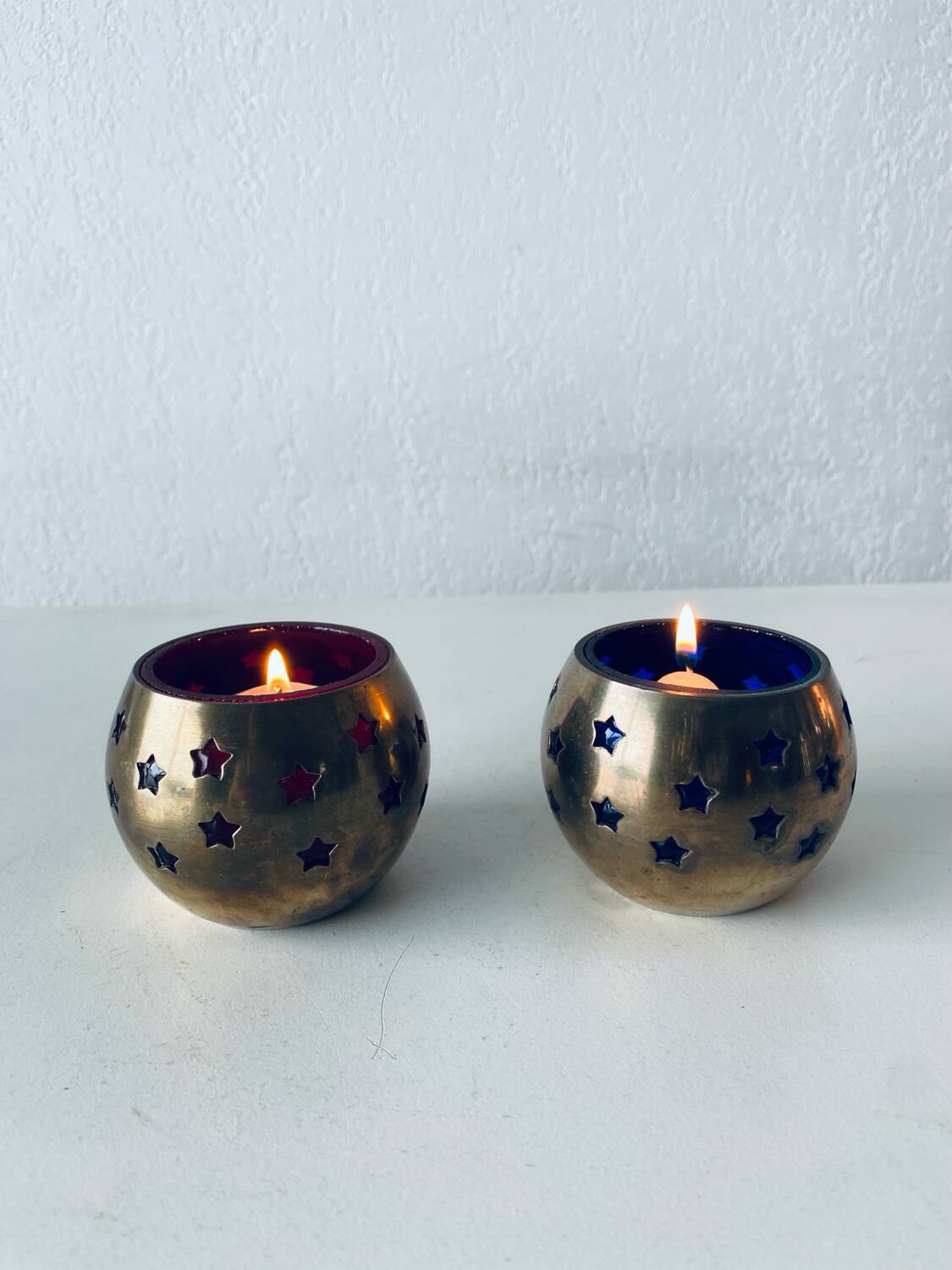 Pair of brass and glass tealight holders