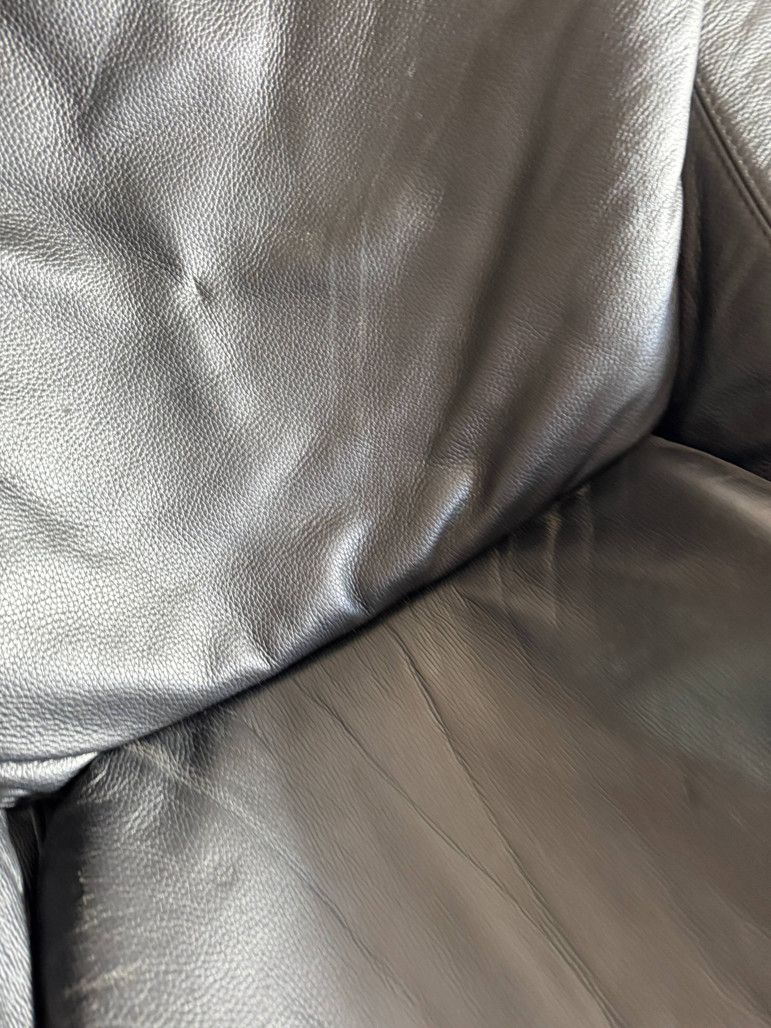 Vintage Scandinavian Black Leather Armchair with Ottoman — Solid Dark Wood Frame, Mid‑Century Modern