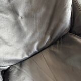 Vintage Scandinavian Black Leather Armchair with Ottoman — Solid Dark Wood Frame, Mid‑Century Modern