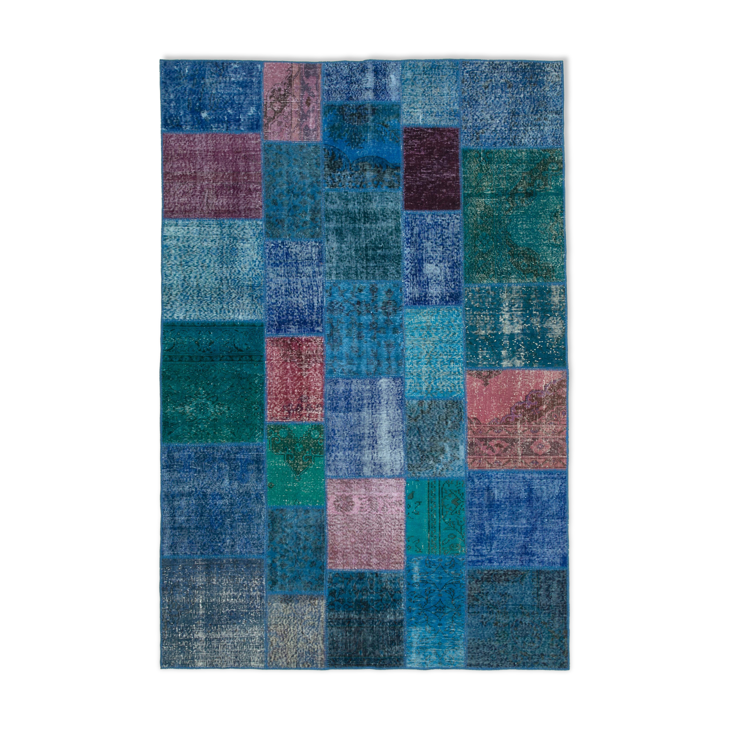 Handwoven turkish contemporary 202 cm x 300 cm blue patchwork carpet