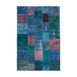 Handwoven turkish contemporary 202 cm x 300 cm blue patchwork carpet