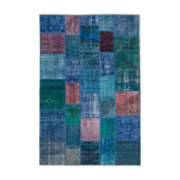 Handwoven turkish contemporary 202 cm x 300 cm blue patchwork carpet