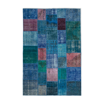 Handwoven turkish contemporary 202 cm x 300 cm blue patchwork carpet