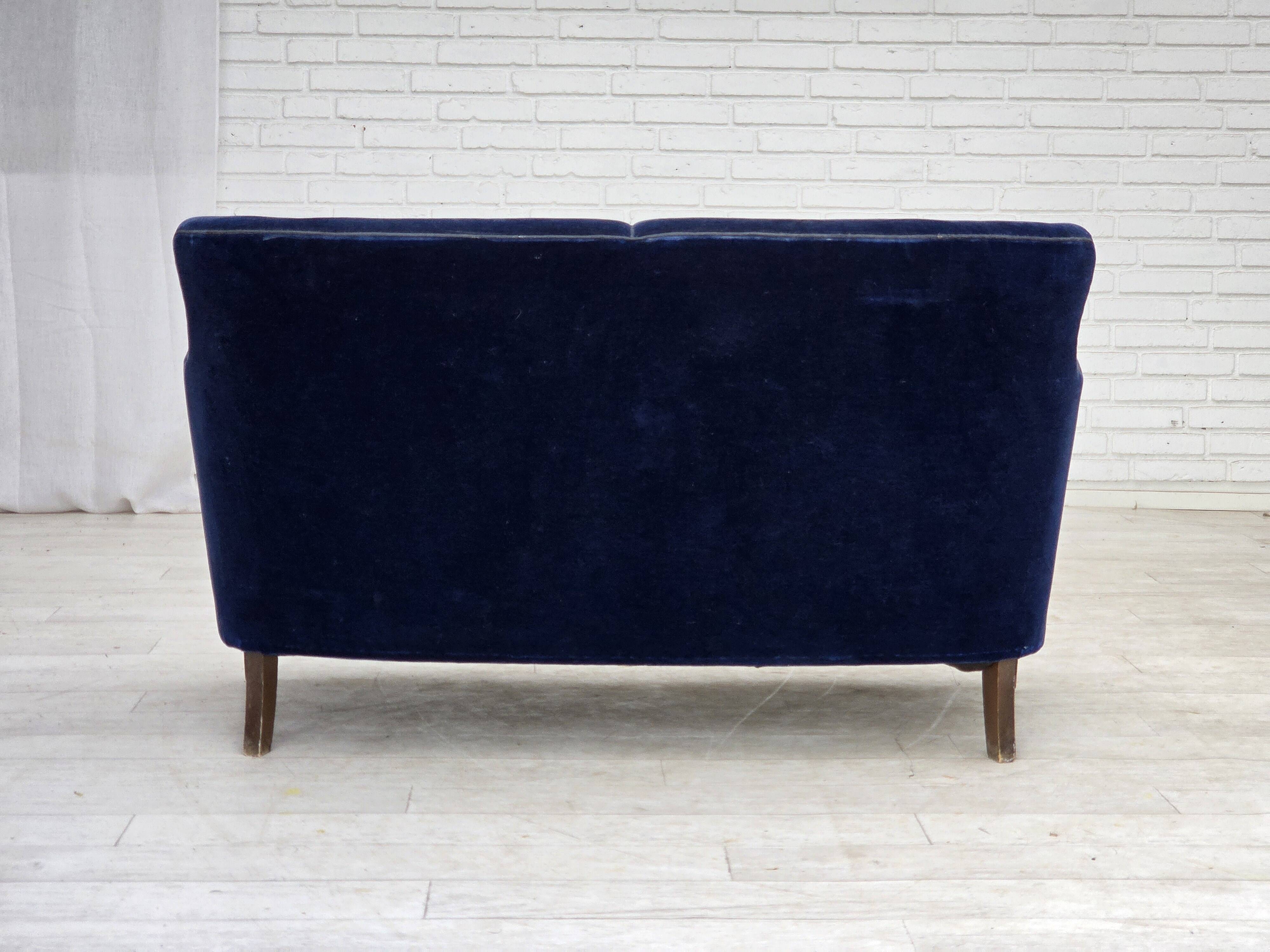 1960s, Danish 2-seater sofa. dark blue furniture velour.