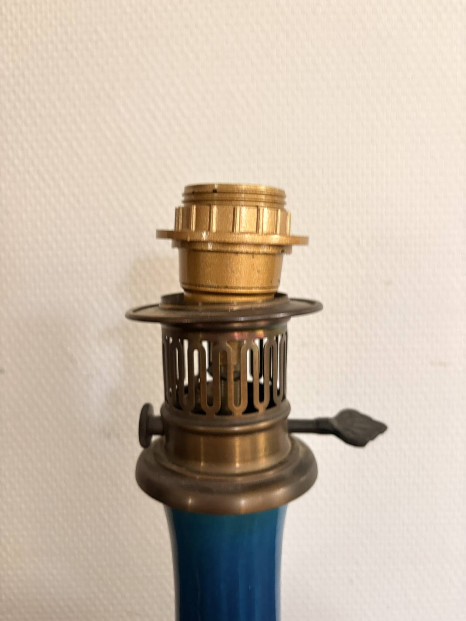 Blue Enamelled Ceramic Lamp Base Brass Vintage Oil Lamp Style