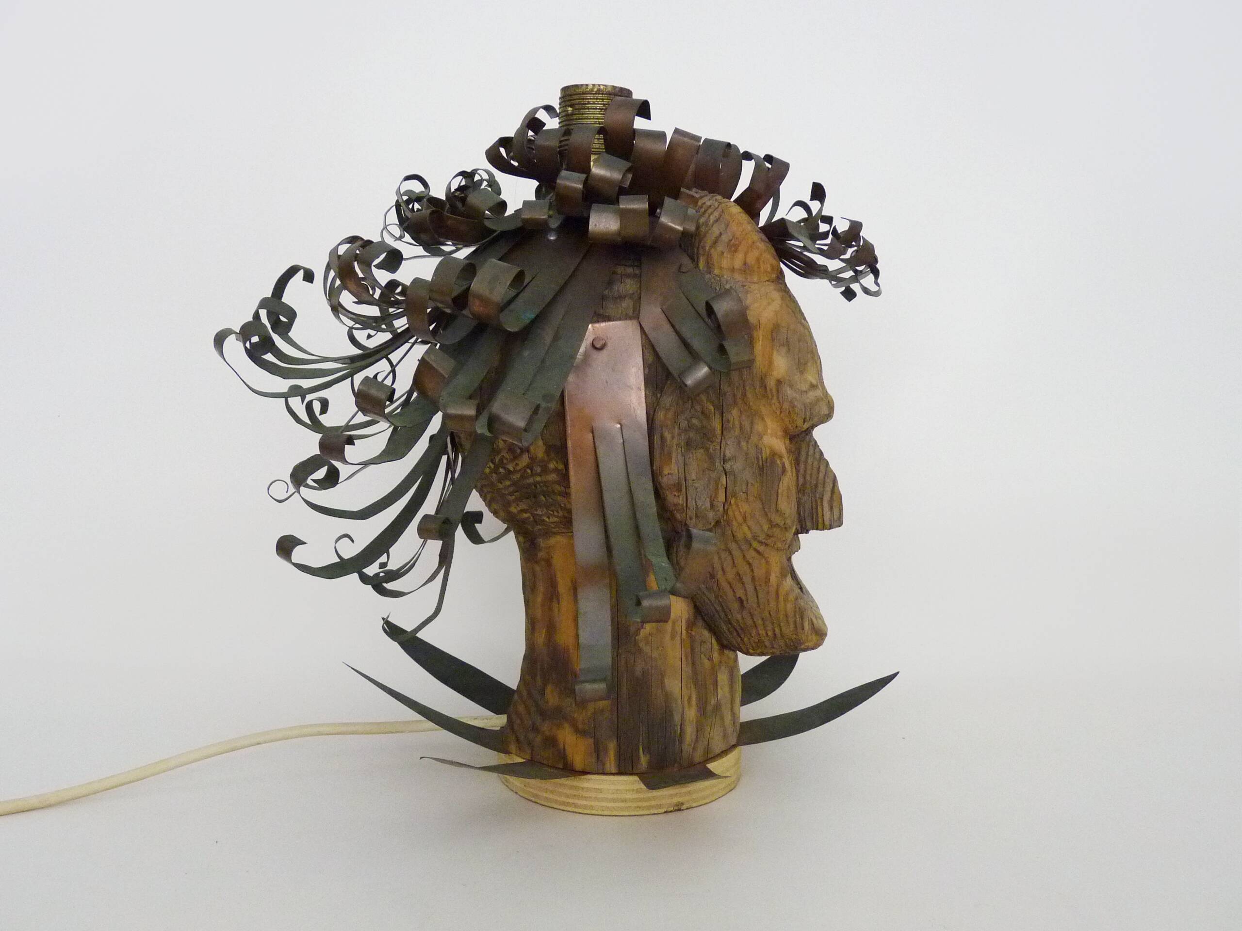 Unique piece. Wooden lamp and metal hair with devil's head "self-portrait"