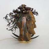 Unique piece. Wooden lamp and metal hair with devil's head "self-portrait"