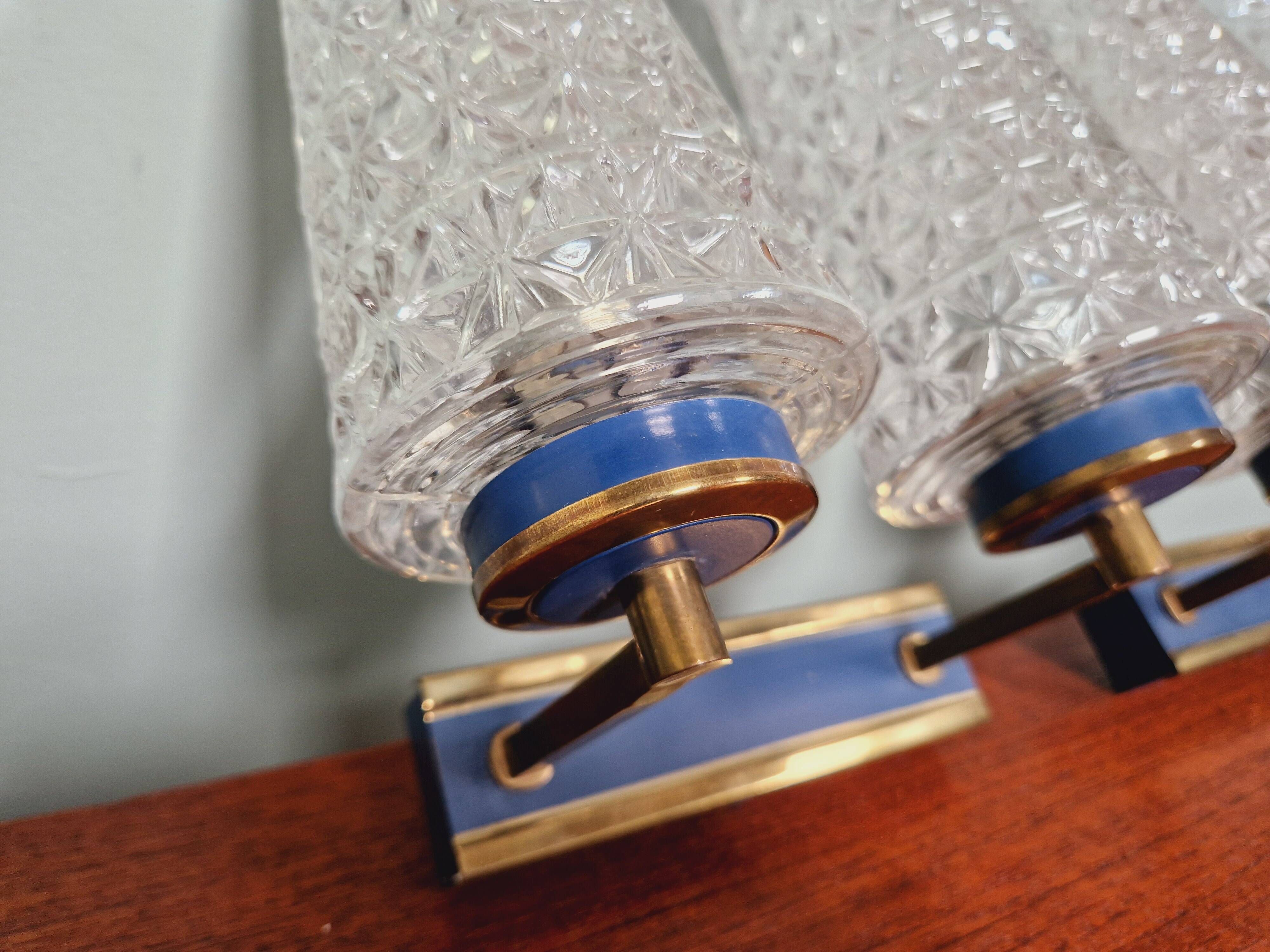 Pair of double wall lights in glass and blue lacquered metal, 1950s-60s