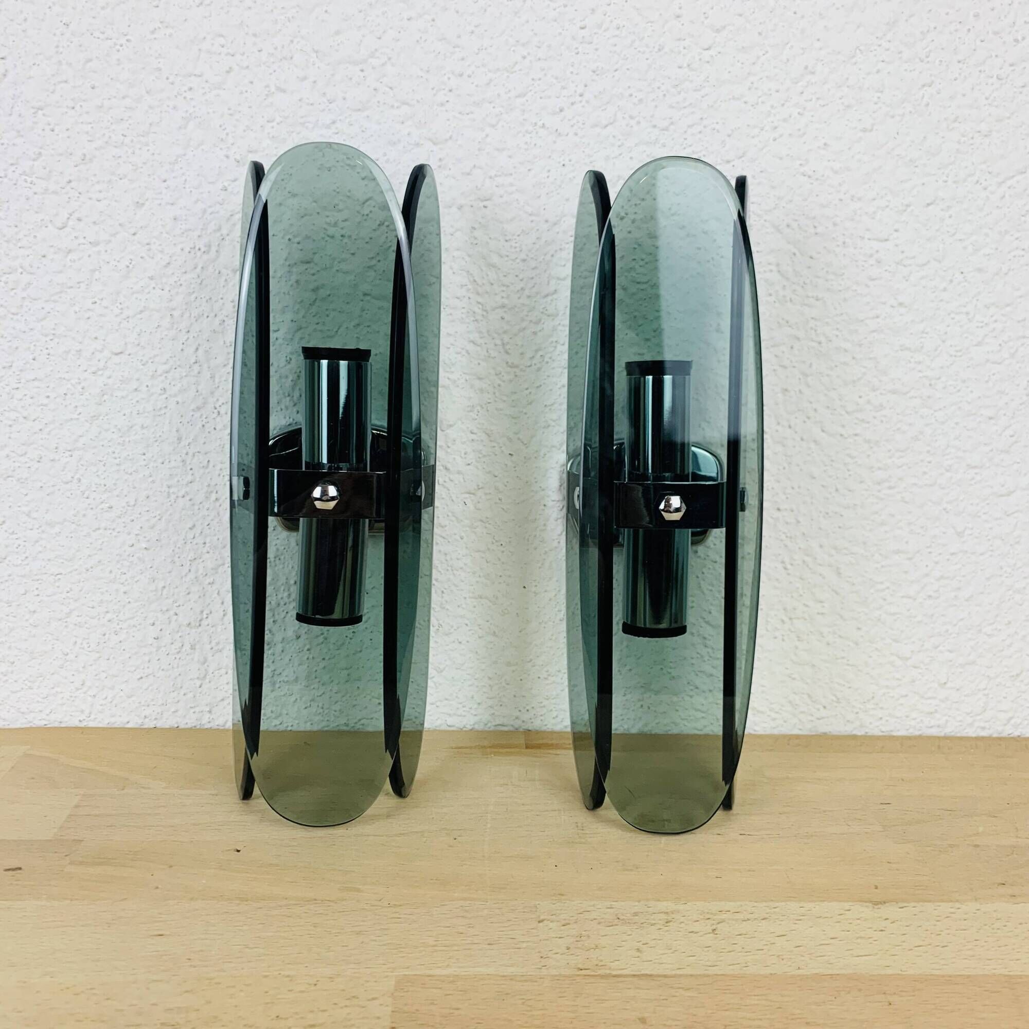 Pair of 70s smoked glass chrome wall lights