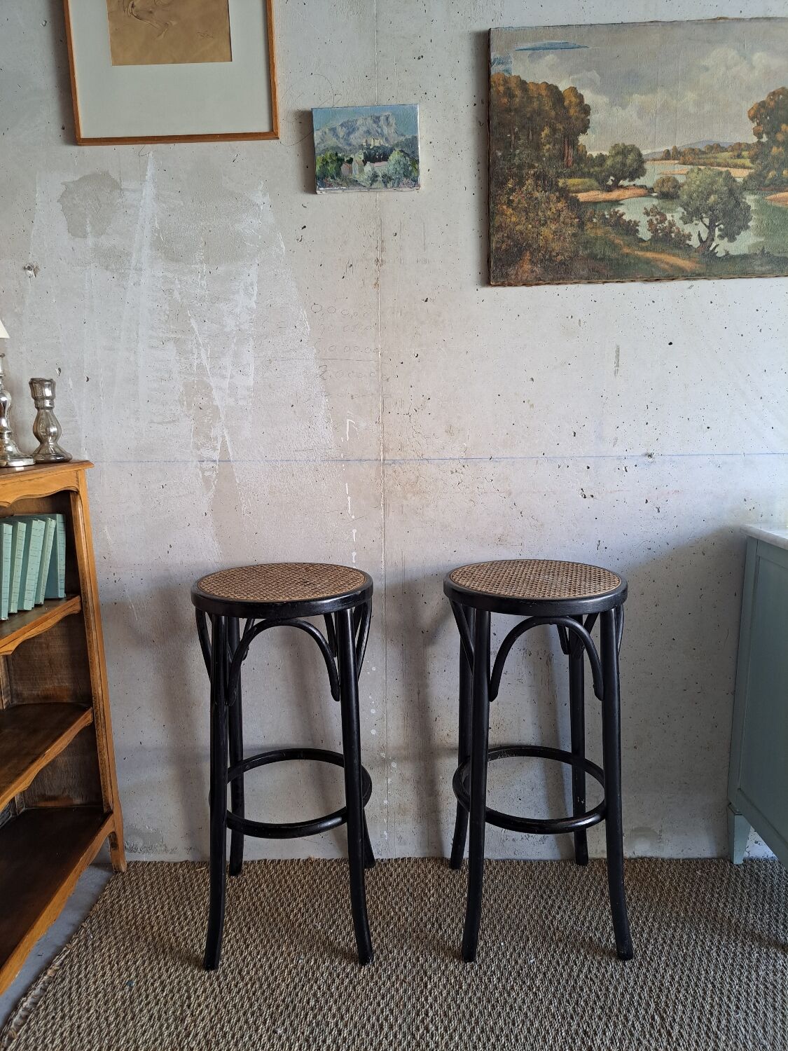 Paire de tabourets de bar cannés , en bois courbé