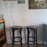 Pair of canned bar stools, curved wood