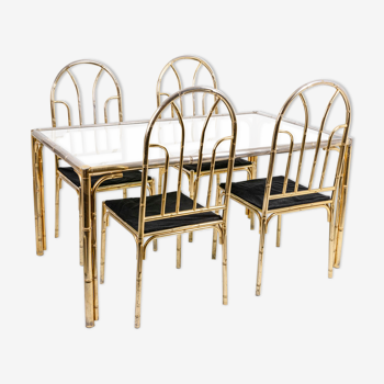 Table de salle à manger et quatre chaises de style bambou, années 1980