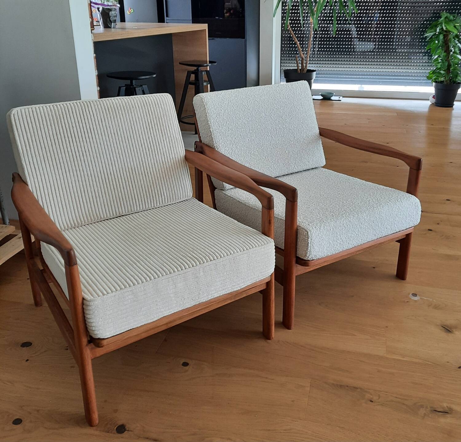 Fauteuil scandinave original Baczyk, années 1960, rénovation, beige, bois de teck