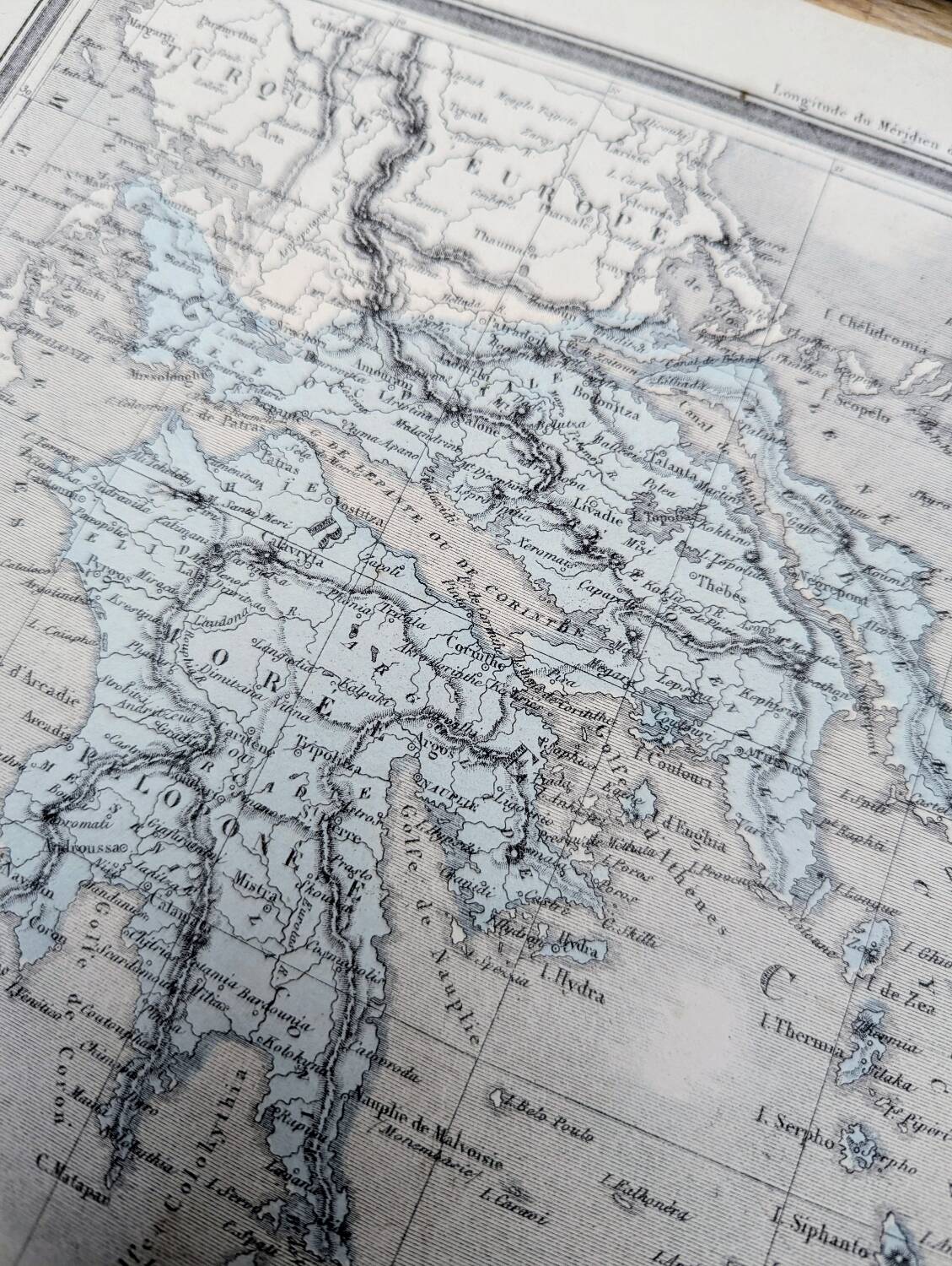 La Grèce, carte ancienne, imprimée en 1852. Authentique.