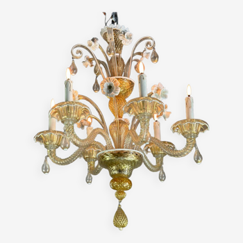 Venetian chandelier in gilded and white Murano glass circa 1920