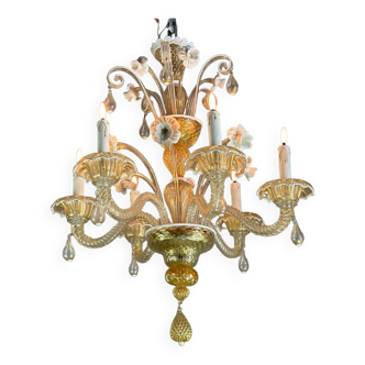 Venetian chandelier in gilded and white Murano glass circa 1920