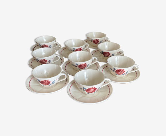 9 tasses à café avec soucoupe vintage en faïence fine de Badonviller
