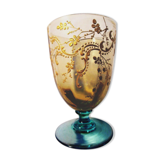 Verre George Sand cristal ambre et bleu émaillé Legras: guirlandes or louis xv