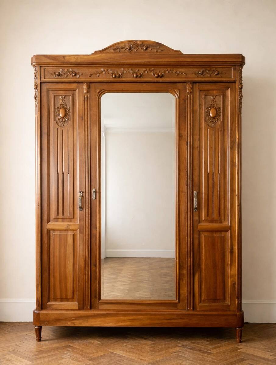 Louis XVI style wardrobe in solid walnut wood.