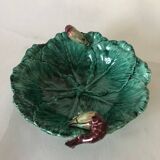 Vintage barbotine salad bowl with lettuce leaf and shrimp