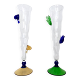 Pair of Transparent Murano Glass Flutes with Colored Details, Italy, 1980s