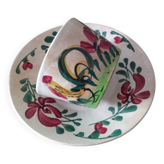 Creil & montereau « coq ». ancienne tasse et soucoupe faïence terre de fer