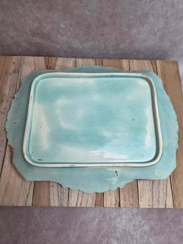 Antique majolica barbotine set – tray and 4 small pots – Art Nouveau