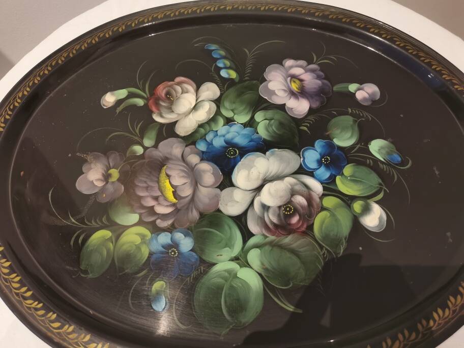 Large old painted metal tray