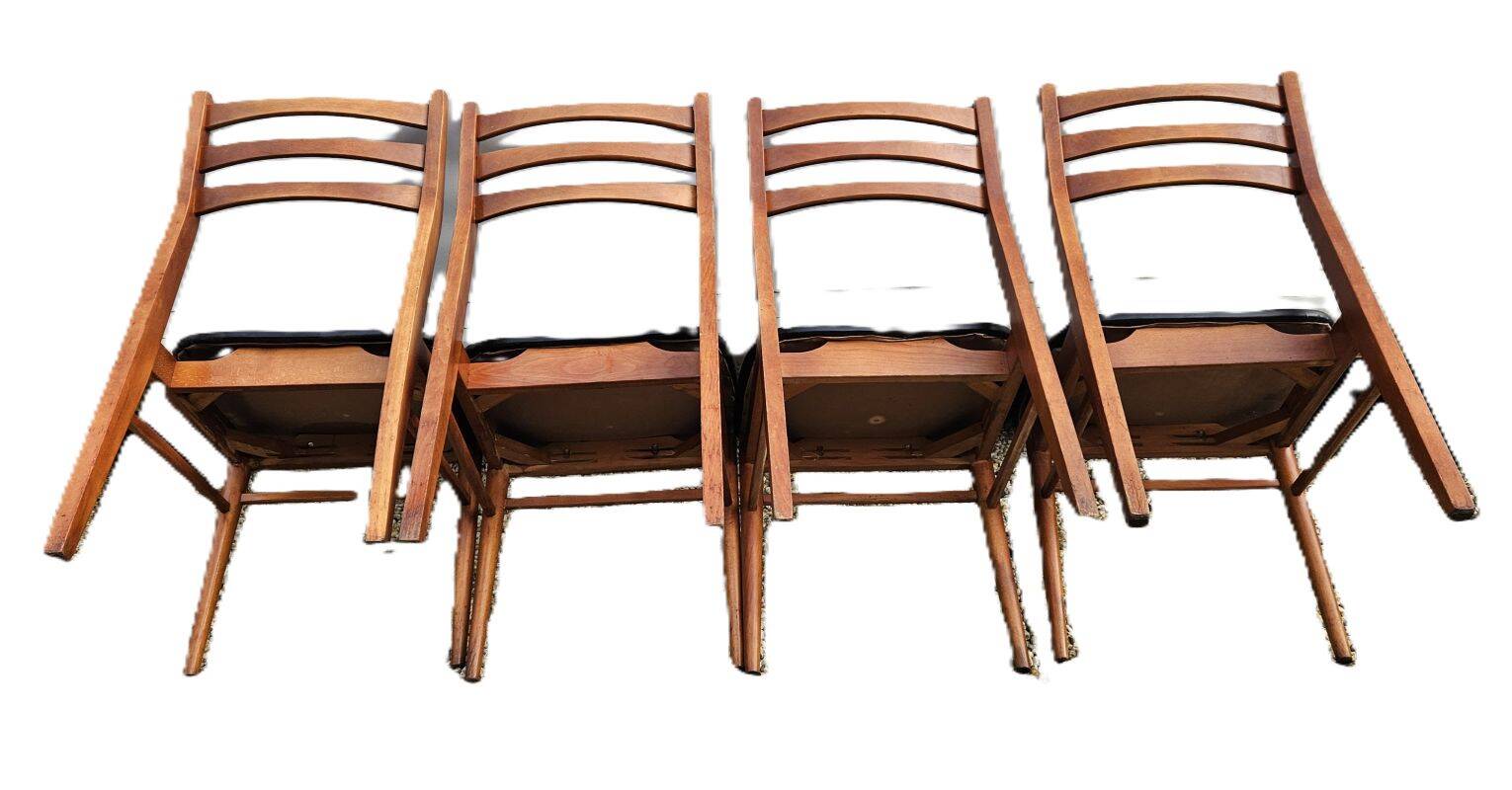 4 Scandinavian Design Chairs in Teak with Black Skai Upholstery 1960